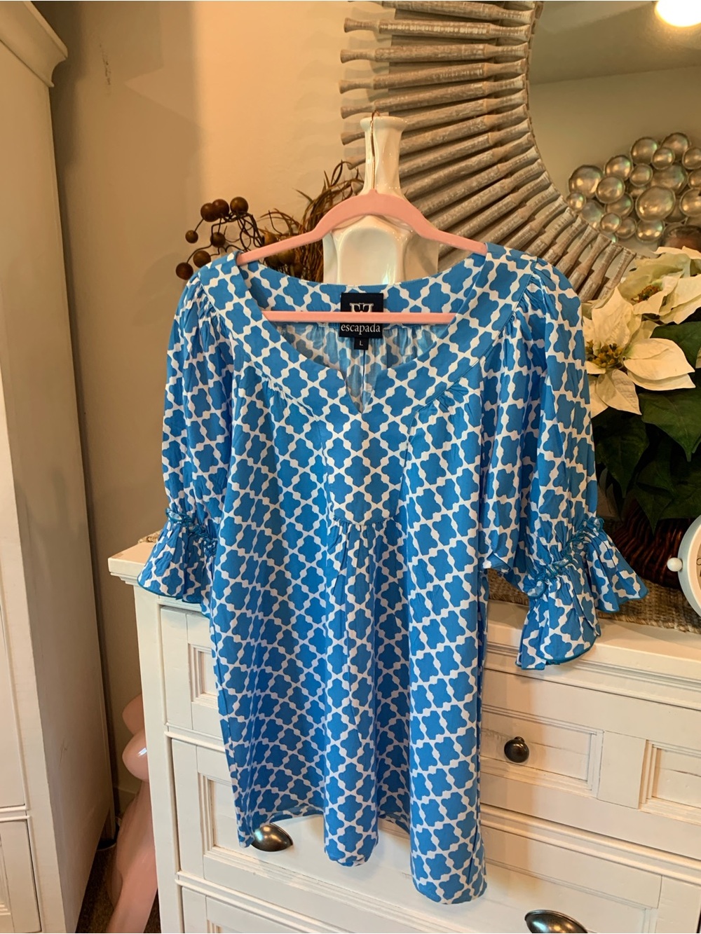 Escapada Blue and White Geometric Tunic Top L